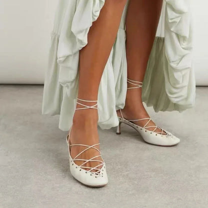 🍒Cross tie shoe round toe sandals open back  european and american niche light luxury cross tie round toe roman Sandals women's ballet shoes with medium heel shoes smart casual footwear for occasion party footwear Tick This Tie cross