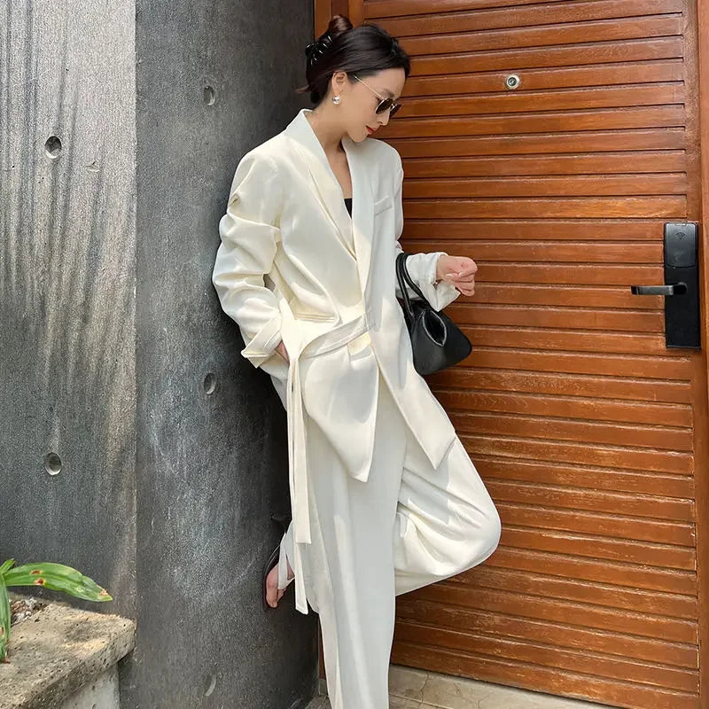 🍒Fashion high end pants suit Professional suit coat and wide leg pants white two piece set women outfits Pick Up This Big Up