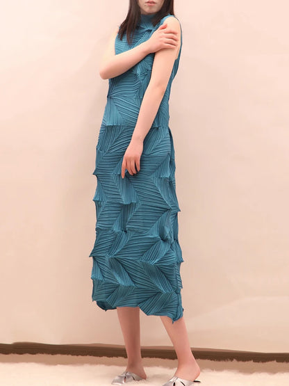 🍒Sleeveless pleated dress for women turtleneck outfit single colour solid fashion smart casual women party wear occasion clothing style 3D fold designer dresses Fashion A Fold