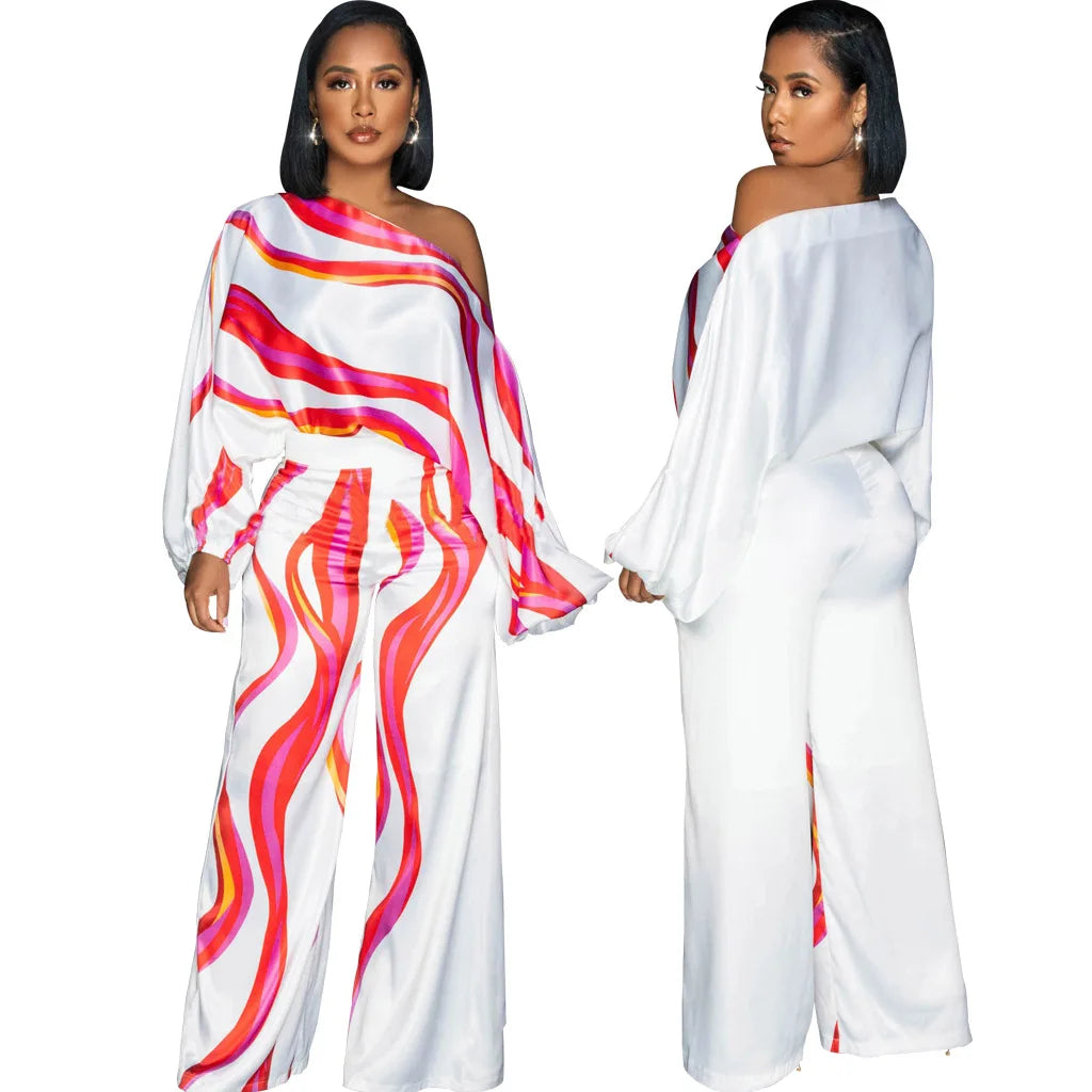 🍒One side off shoulder jumpsuit pants and top one piece print long sleeve rompers casual high waist wide leg pants overalls loose fit elegant office wear party wear occasion outfit