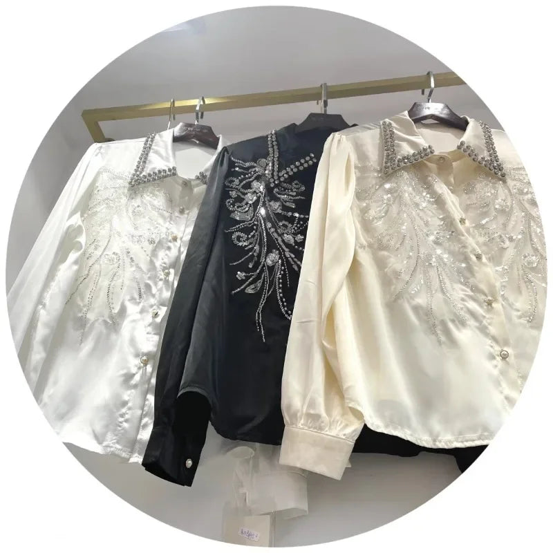🍒Sequin shirt with beading ruffle blouse for women black occasion shirt Y2k long sleeve occasion top feminine fashion evening wear party wear tops Look Frilling In Your Frilly Frills