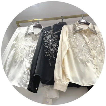 🍒Sequin shirt with beading ruffle blouse for women black occasion shirt Y2k long sleeve occasion top feminine fashion evening wear party wear tops Look Frilling In Your Frilly Frills