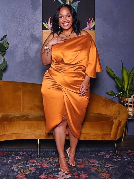 🍒Plus size womens clothing nightclub wear missy outfit pleated asymmetric one sleeve satin dress evening party wear occasion outfit  XL-5XL Cool Orange Cocktail