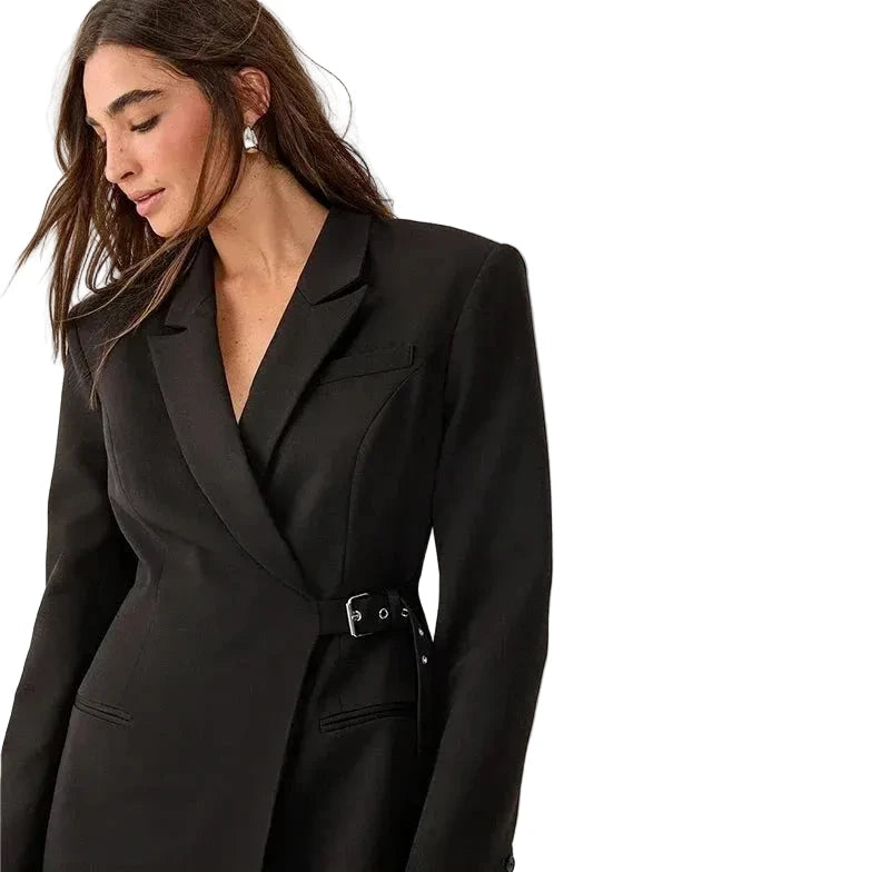 🍒Collar blazer dress womens dress with belt urban Waist-fit side belt design chic clothing for women pocket full sleeve solid dresses  Nip Fit Slick Chic
