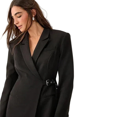 🍒Collar blazer dress womens dress with belt urban Waist-fit side belt design chic clothing for women pocket full sleeve solid dresses  Nip Fit Slick Chic