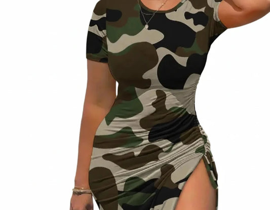 🍒Women's camouflage fashion leopard print drawstring dress with high slit summer/holiday clothing casual round neck outfit fitted knee length  Accommodate A Cool Camo