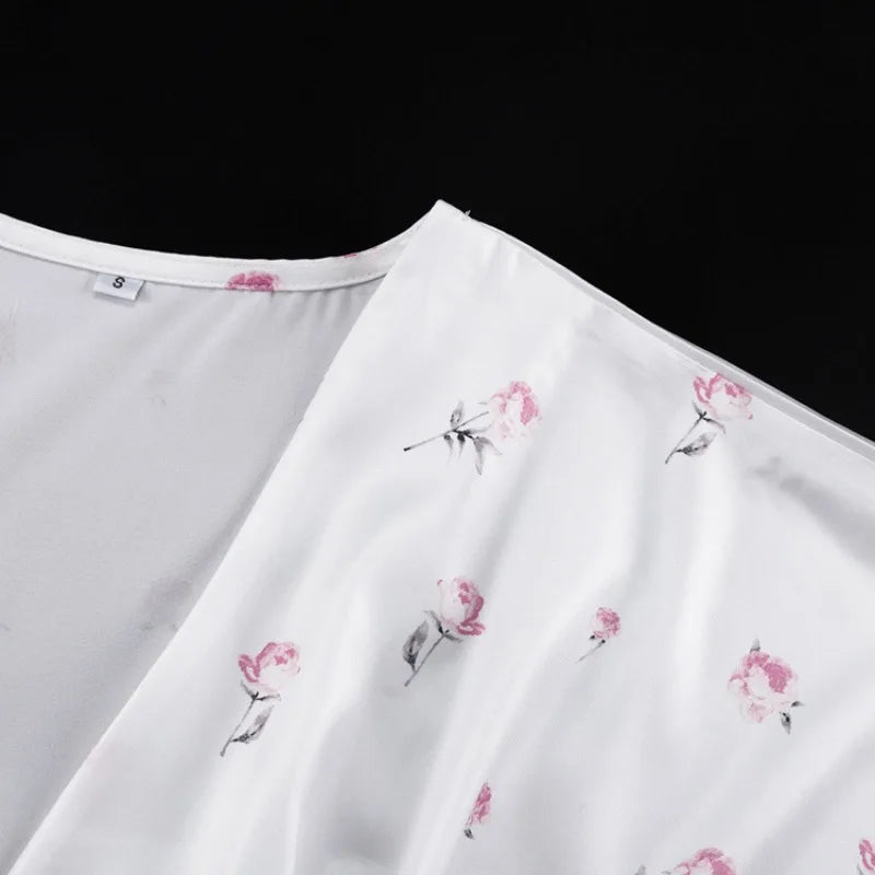 🍒White floral satin maxi dress for women casual or occasion wedding guest beach vacation outfit flower printed v-neck dress womens fashion slim fit waist short butterfly sleeve long summer wear with short sleeves high waist cute comfy casu-casion