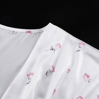 🍒White floral satin maxi dress for women casual or occasion wedding guest beach vacation outfit flower printed v-neck dress womens fashion slim fit waist short butterfly sleeve long summer wear with short sleeves high waist cute comfy casu-casion