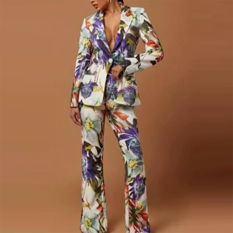 🍒Womens casual suits two piece loose pants set womens lapel long sleeve jacket and trouser set floral fashion pattern print outfit  Look Like Your On A Shoot In A Fruity Suit