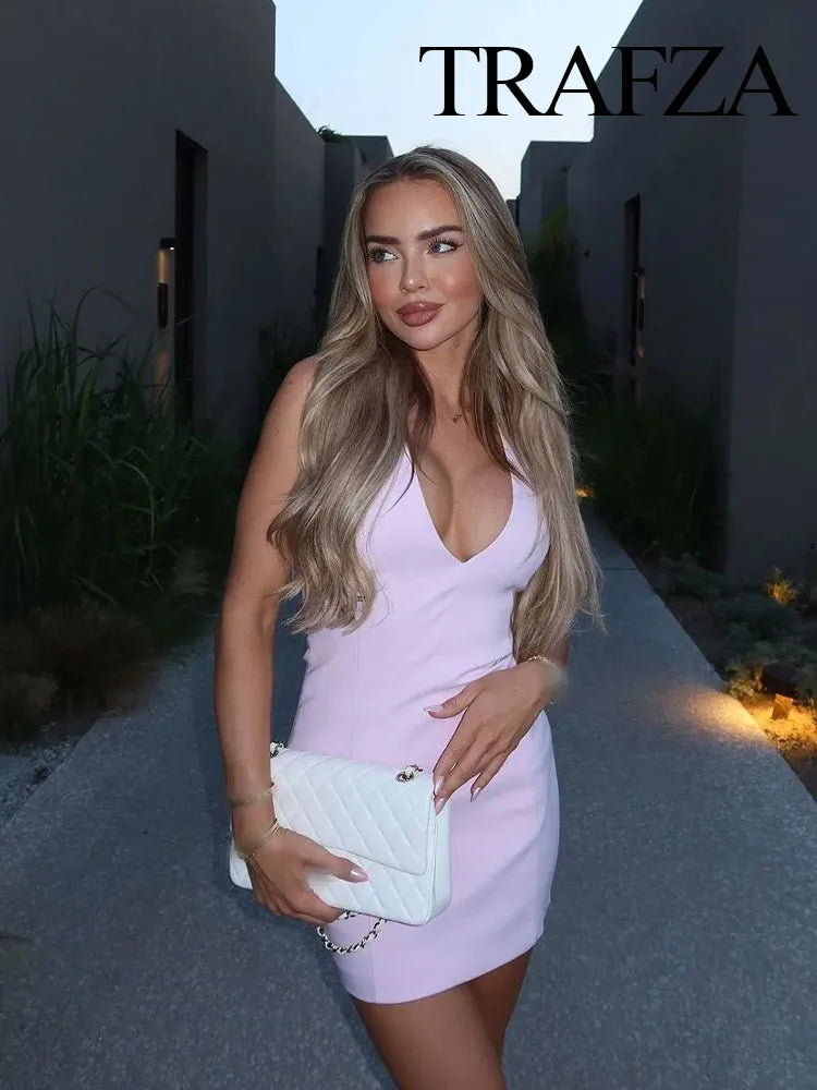 🍒Fashion dress solid v-neck solid mini dress sleeveless backless for women female fashion summer wear beach wear style