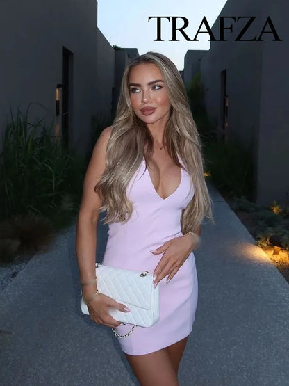 🍒Fashion dress solid v-neck solid mini dress sleeveless backless for women female fashion summer wear beach wear style
