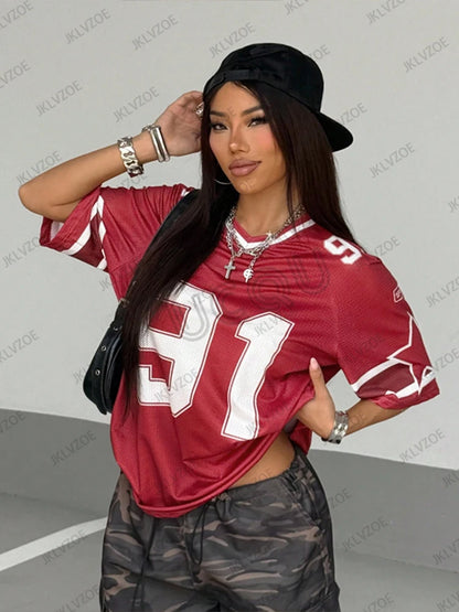 🍒Summer print t-shirt v-neck patchwork short sleeve sports top for women football Jersey y2k loose oversized tops  have a BALL with BASEic-ies