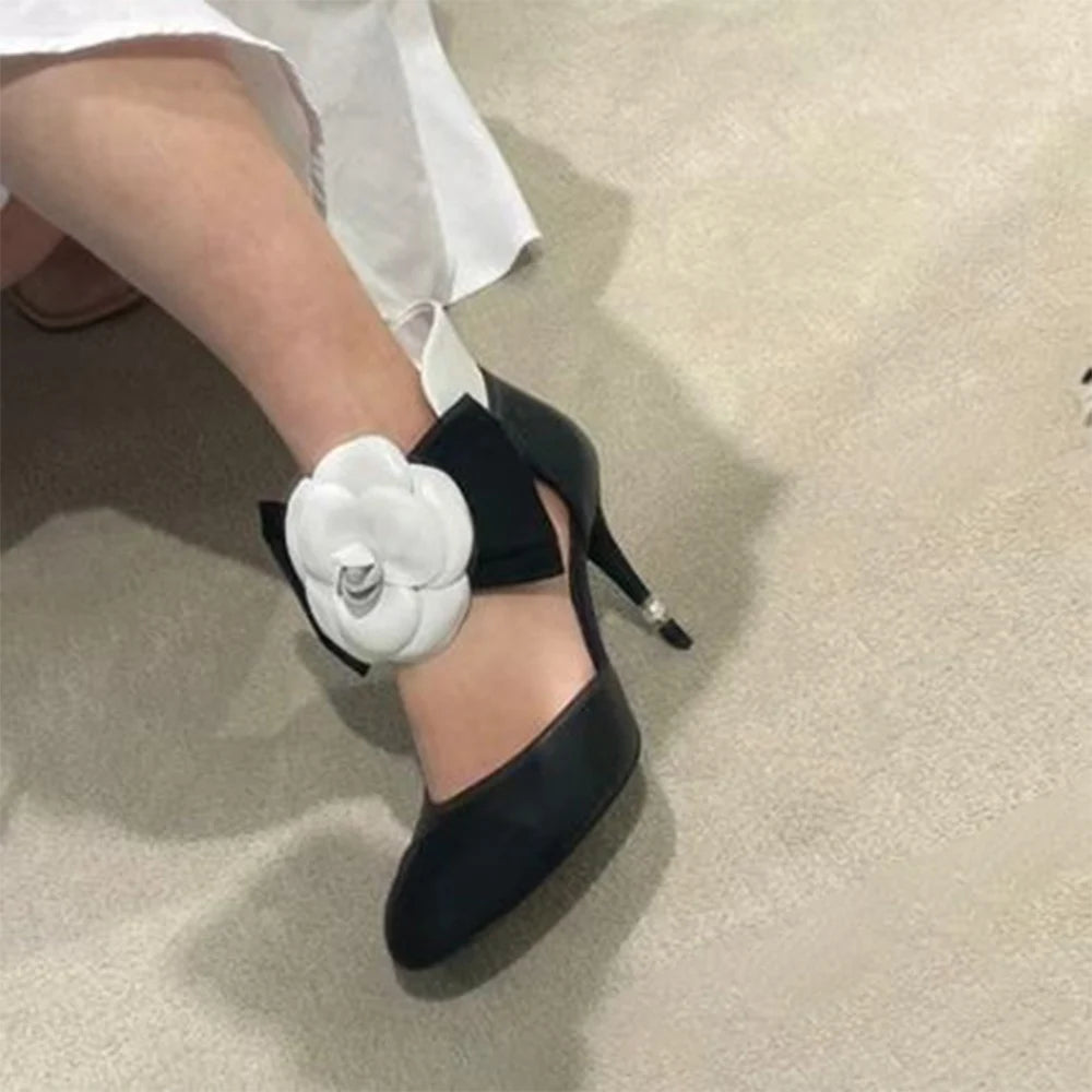 🍒Round toe floral high heels pearl design shoes sandals camellia flower straps stiletto with bow fashion footwear for women Mary Janes two tone Get Your Toes In A Rose