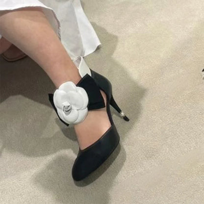 🍒Round toe floral high heels pearl design shoes sandals camellia flower straps stiletto with bow fashion footwear for women Mary Janes two tone Get Your Toes In A Rose