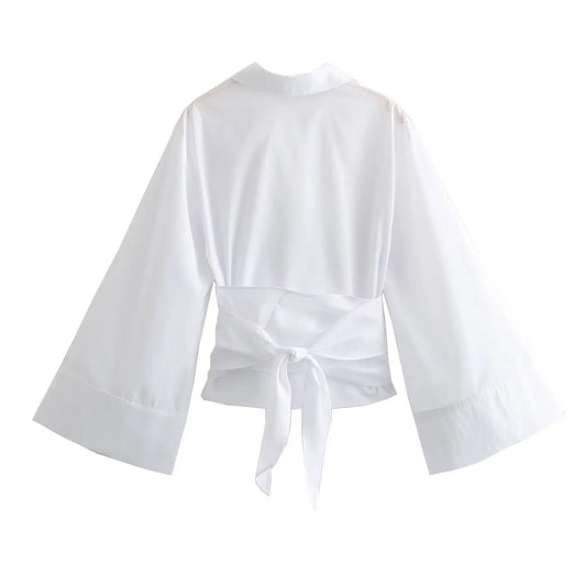 🍒Long sleeve shirt jacket women's tie top with wide sleeves female fashion clothing basic solid shirt smart casual blouse  Picture Yourself In This Pastel