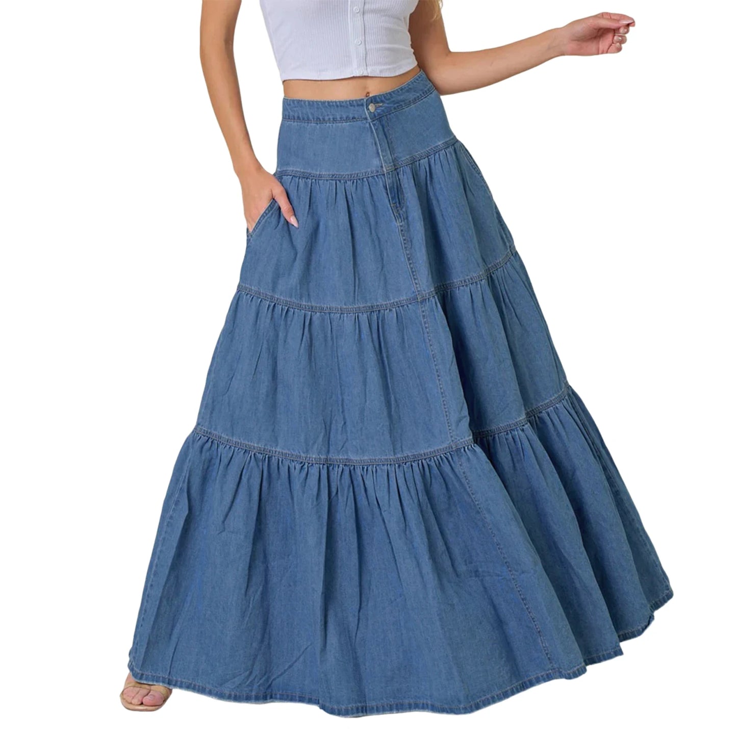 🍒Women's vintage denim long skirt a line maxi elegant female casual fashion Loose teired skirt y2k retro fashion Get Into Gypsy Jean Kinda Thing