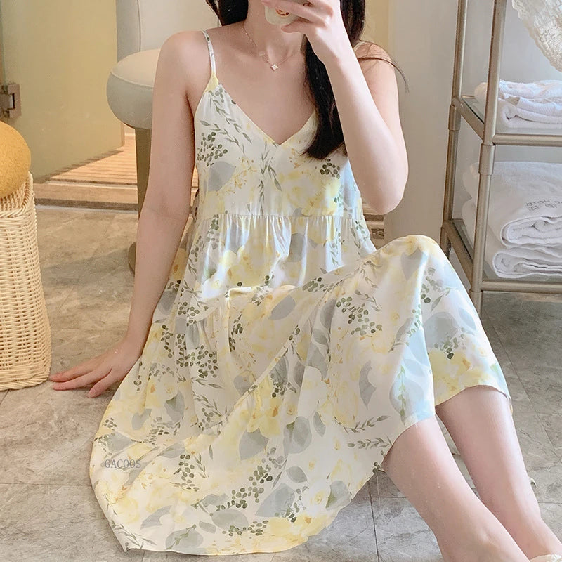🍒Sleeveless night dress for Women breathable viscose cotton camisole nightie floral  night dress loungewear summer wear holidaywear nightwear Fresh Florals
