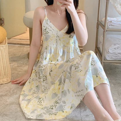 🍒Sleeveless night dress for Women breathable viscose cotton camisole nightie floral  night dress loungewear summer wear holidaywear nightwear Fresh Florals