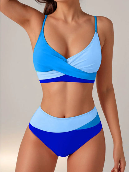 🍒Patchwork two piece swimsuit for women high waist bikini v-neck adjustable suspender type spaghetti strap backless swim set summer beach Vacation Swimwear  Drink Fruities In Your Fruity