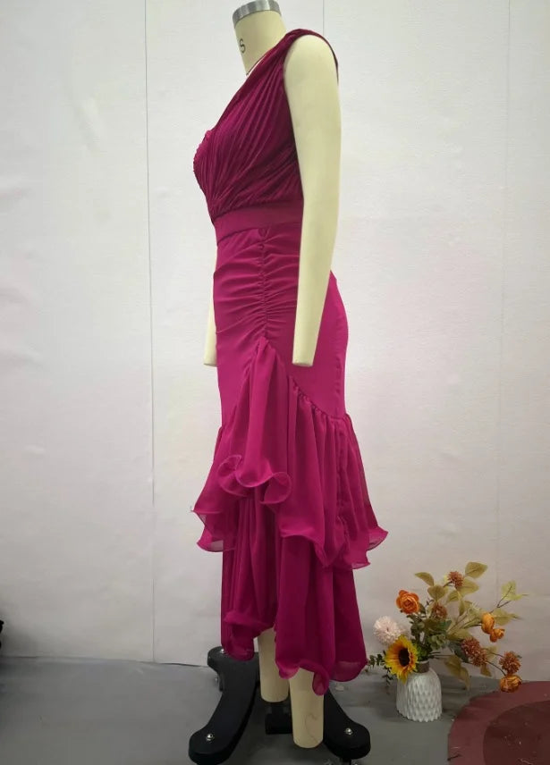 🍒V-neck ruched dress solid colour womens summer outfit high waist sleeveless casual wear maxi fashion clothes