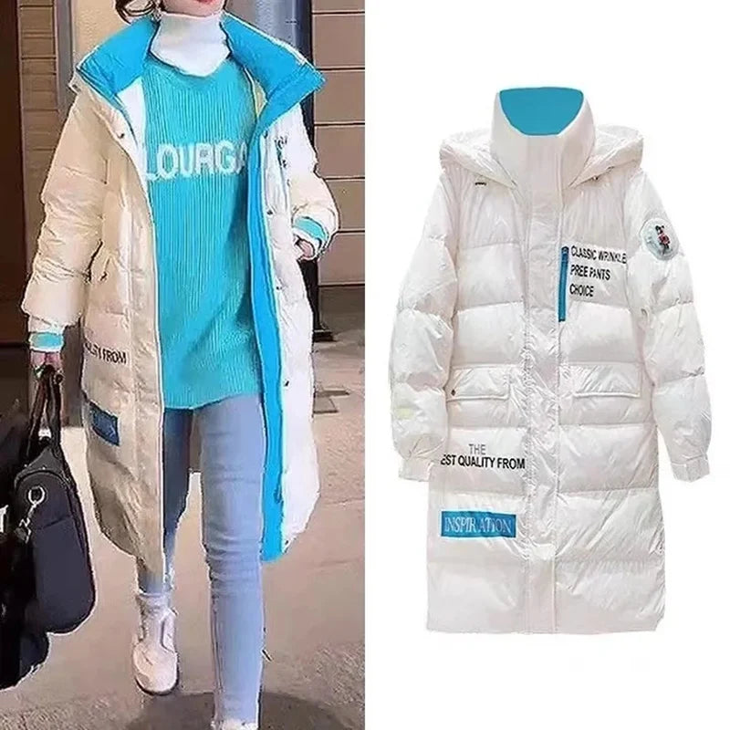 🍒Down cotton Jacket long for women hooded zipper coat winter snow thick warm outerwear Female shiny puffer Get Down Town Down