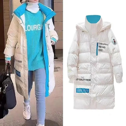 🍒Down cotton Jacket long for women hooded zipper coat winter snow thick warm outerwear Female shiny puffer Get Down Town Down