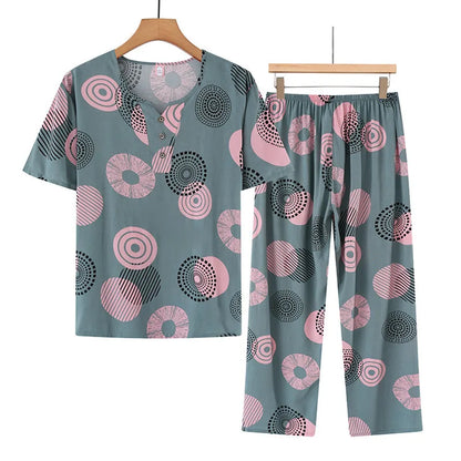 🍒Cotton rayon pajama set short sleeved top cropped and pants set two piece sleep wear for women lounge wear suit holiday clothing beach wear No Care Wear