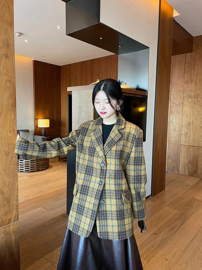 🍒Womens brown blazer vintage wool plaid Jacket autumn winter british style trendy eye catching yellow check coat long sleeve female smart casual clothing Chunky Check Charm