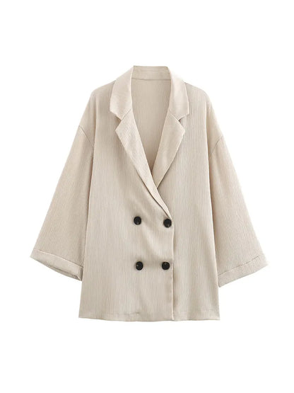 🍒Casual blazer jacket and  pants suit for women long sleeve double breasted jacket + wide leg trousers office outfits smart casual fashion wear occasion wear Keep Abreast Of The Double Breast