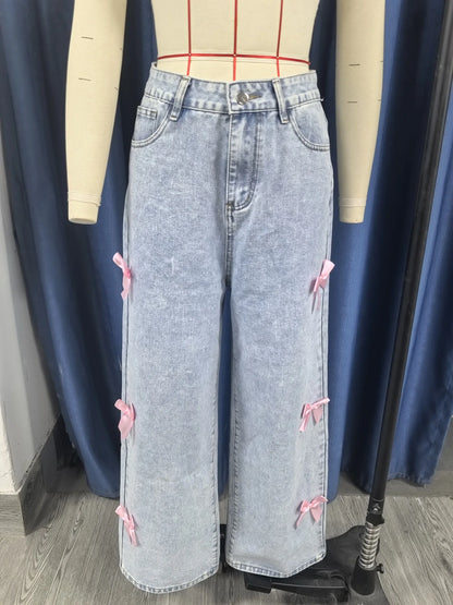 🍒Womens wide leg jeans pants pink bows washed high waist denims distressed vintage Straight Ankle Length Trousers casual jeans wear You Will Be Blue If You Miss these sweet Denim Pinks