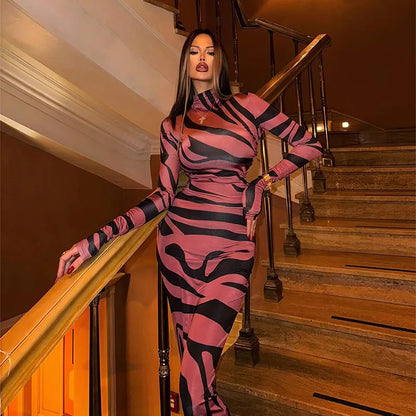 🍒Red striped long dress womens bodycon turtle neck zebra print mesh outfit clubwear party occasion wear clothing                       Catwalk Your Tiger