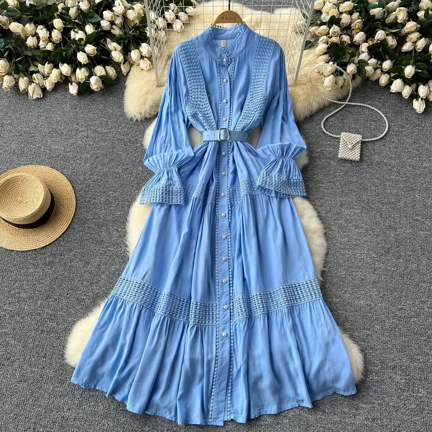 🍒Stand collar maxi dress a-line elegant single breasted smart casual women puff seeve outfit single breasted shirt dresses high waist Y2k fashion vintage style clothimg Get A ComPLEAT Look
