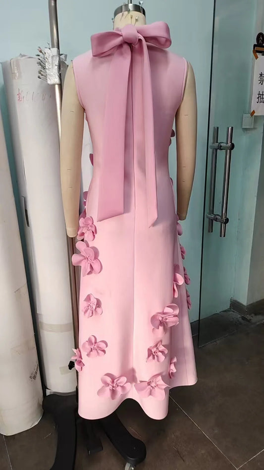 🍒3D flower dress stand neck a-line midaxi outfit for summer evening fashion occasion  partywear fashion Three Sixty 3D