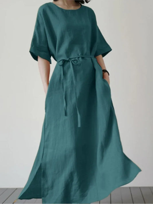 🍒Long dresses a-line fashion split hem wide short sleeve outfit casual outfit for women with waistband batwing sleeve clothes Simply Style