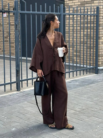 🍒Summer fashion outfits chic brown cotton linen lace up shirt suits casual v- neck long sleeves loose pants set lady Dont Get Browned Off With Uncomfy Clothes Get Some Chocholate And Relax