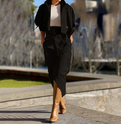 🍒Women's two-piece set versatile smart casual wear for women belt button skirt and matching crop jacket retro elegant fashion wears Button Up And Get This Crop