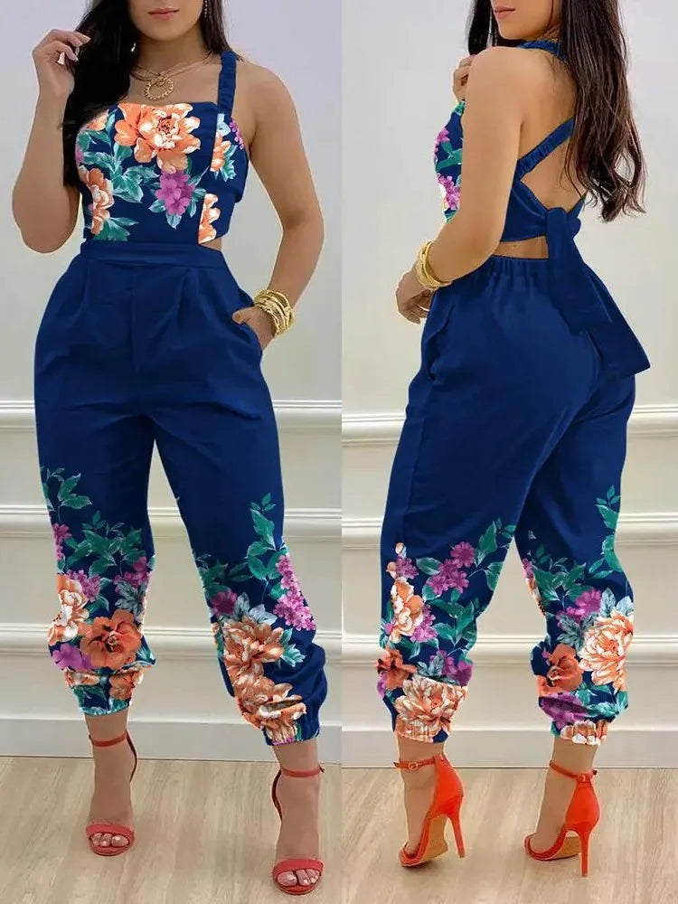 🍒Summer printed jumpsuit backless with straps fashion sleeveless one piece casual wear womens romper outfit with bows pocket trousers Overall Colourful Cool