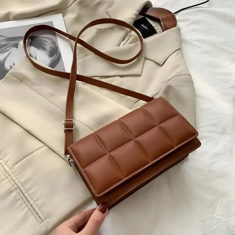 🍒Solid colour shoulder bag crossbody handbags female cushioned designer pu leather bags for smart casual accessory for women Chocolate Bag