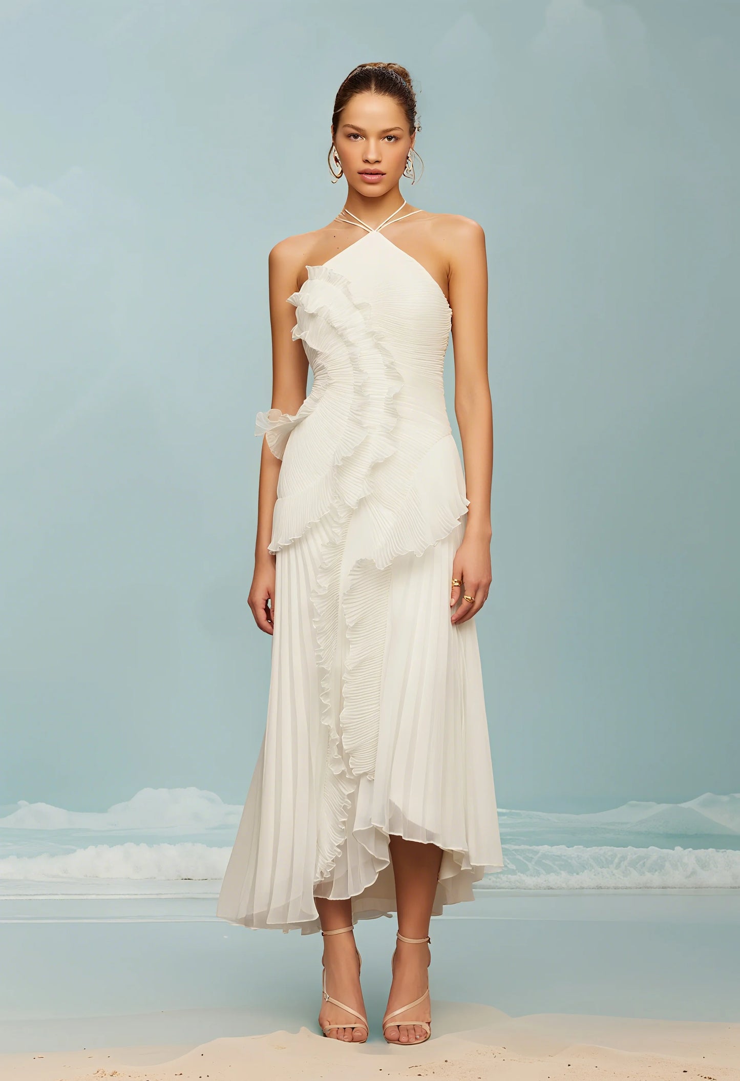 🍒Ruffles evening gown elegant neck strap pleated a-line midi dress solid color summer outfits backless vacation wear Y2k fashion party occasion wear       Get This Ruffle You'll Be Frilled
