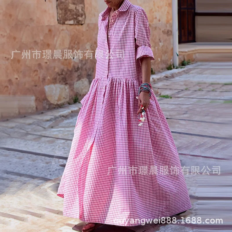 🍒Women's check maxi dress high street clothing fashion and long loose shirt dress long sleeve with lapel pendulum outfit spring and summer fashion for holidays Check This Check