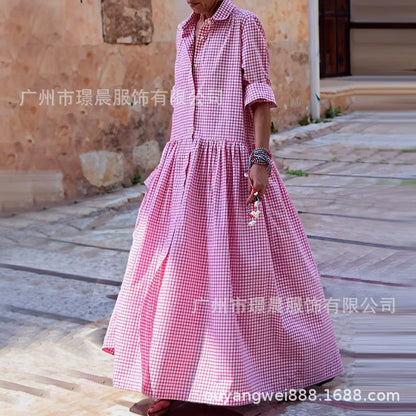 🍒Women's check maxi dress high street clothing fashion and long loose shirt dress long sleeve with lapel pendulum outfit spring and summer fashion for holidays Check This Check