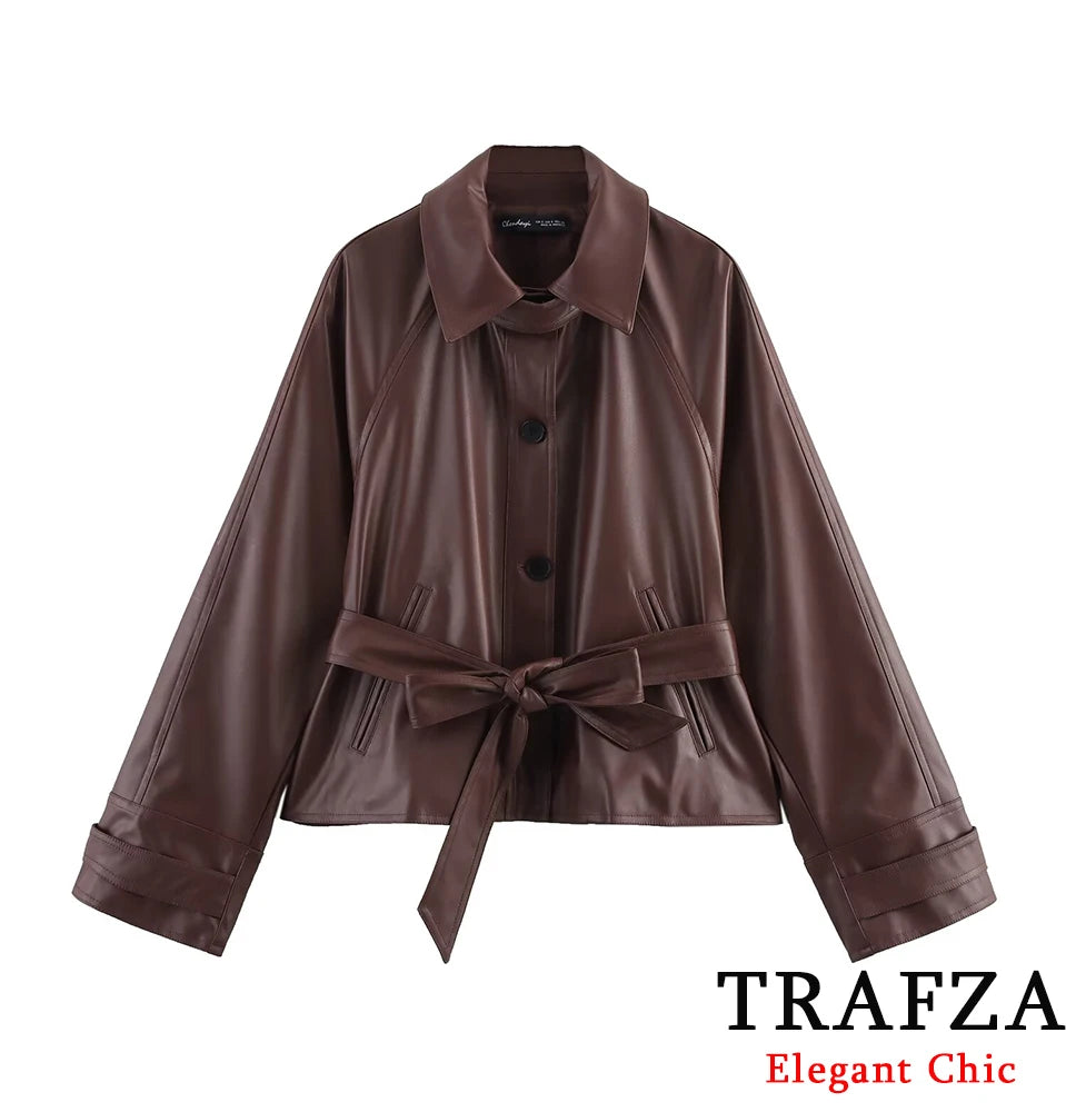 🍒Faux leather short trench coat with belt spring fall fashion commuter jacket women stylish street coat smart casual outerwear Leather Looking Lavish