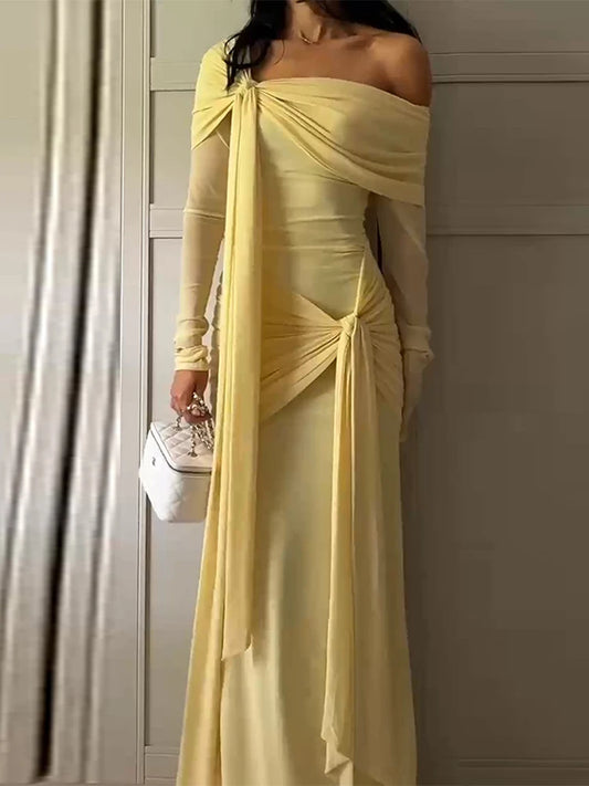 🍒Solid pleated off shoulder maxi dress elegant summer clothes women long sleeve party dress chic occasion wear Get Sun Drenched