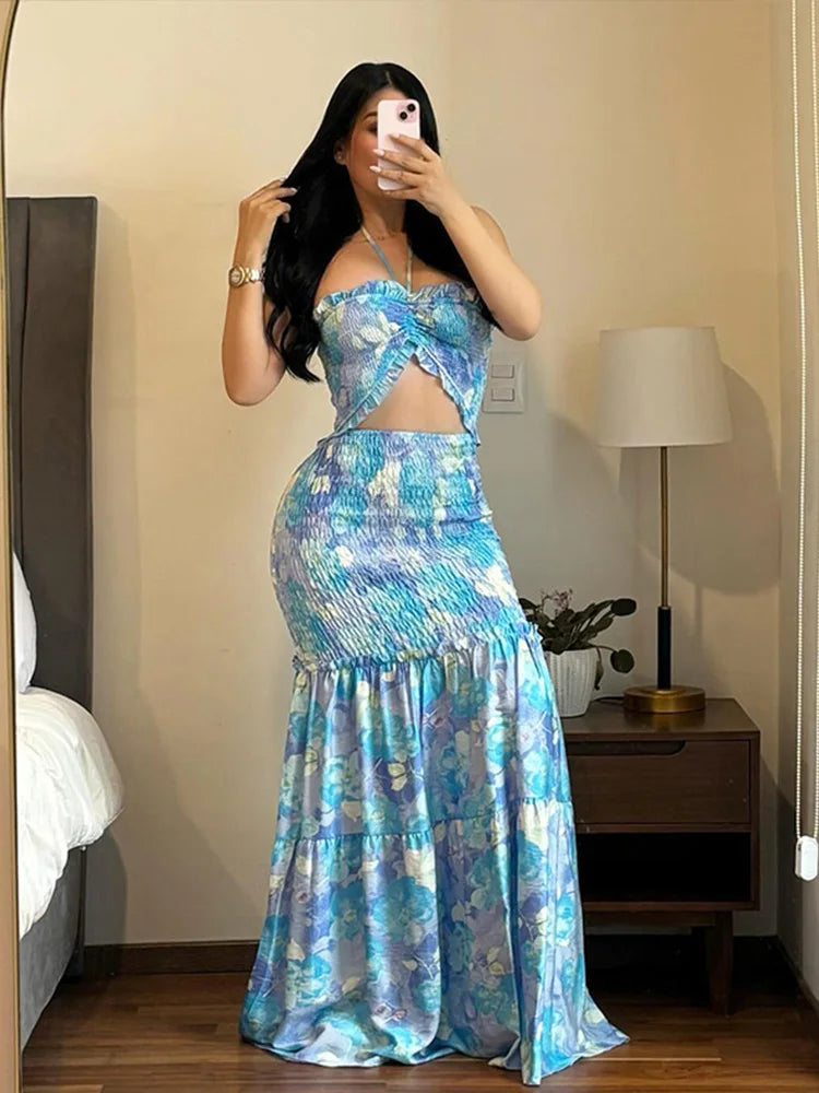 🍒Womens printed long dress ruched backless sleeveless summer outfit ruffle dresses party vacation wear   BRA-vo To FLOOR-al Beauty