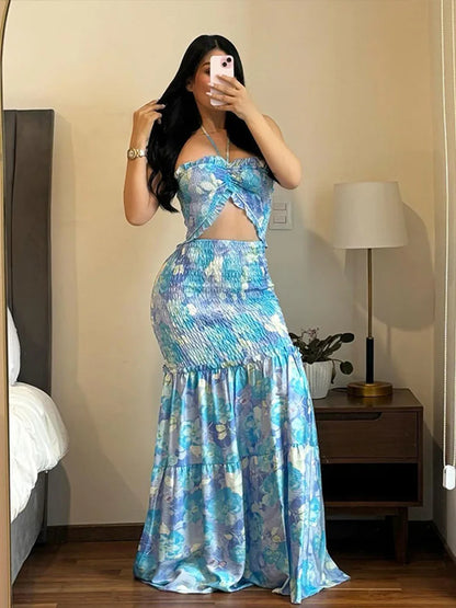 🍒Womens printed long dress ruched backless sleeveless summer outfit ruffle dresses party vacation wear   BRA-vo To FLOOR-al Beauty