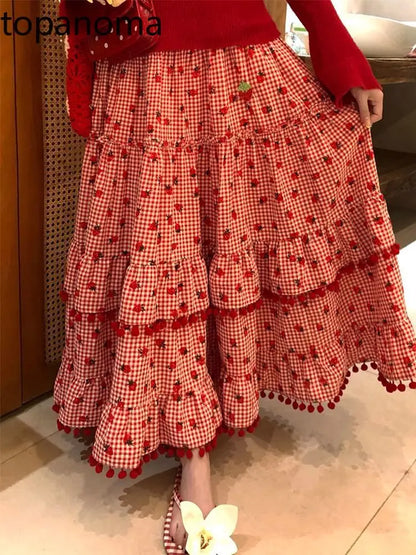 🍒Layered maxi skirt for women strawberry ball stretch high waisted fashion vintage clothing elegant loose long skirt female summer casual wear Get This Skirt And Put The Cream On Your Strawberry