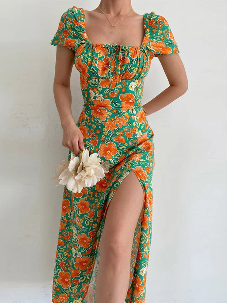 🍒Floral print party dress elegant women off shoulderless backless outfit summer slit boho midi smart casual ladies clothing Figure Out Your Floral Fashion