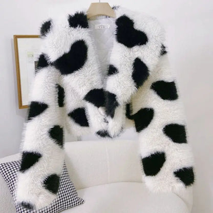 🍒Fur coats for women large  collar jacket with love hearts eco-friendly furry coats chic trendy winter outerwear style versatile Fluffy Lovely