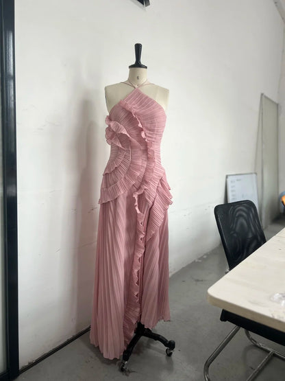 🍒Ruffles evening gown elegant neck strap pleated a-line midi dress solid color summer outfits backless vacation wear Y2k fashion party occasion wear       Get This Ruffle You'll Be Frilled