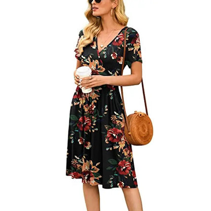 🍒Printed v-neck a-line short sleeve dress floral with high waist over knee outfits for summer womens fashion clothing beachwear holiday clothing A Bunch Of Beautiful Florals